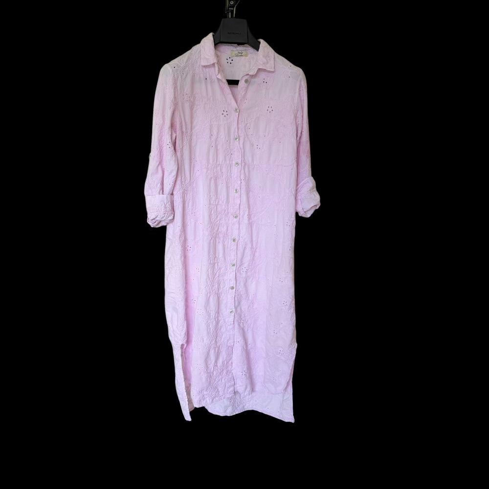 In Italy Pink Eyelet Embroidery Cotton Swim Coverall Shirt Dress Button Up